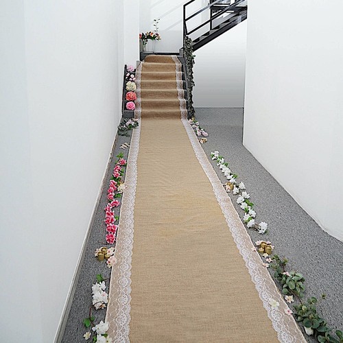 30 ft Natural Brown BURLAP AISLE RUNNER White Floral Lace Ceremony Decorations - Picture 2 of 9