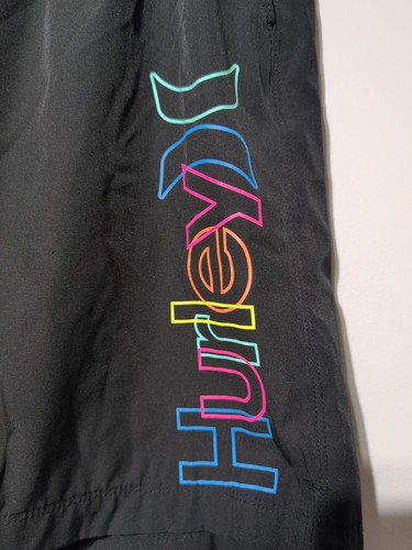 Men's Size XL Hurley Swim Trunks Black With Neon Colored Logo Elastic Waist Long - Picture 2 of 9