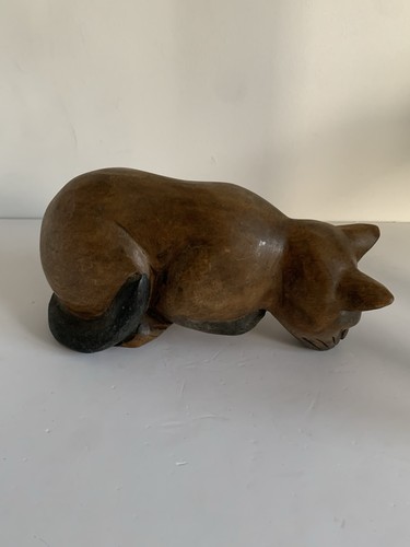 Vintage handgeschnitzte Holz Katze Kätzchen Statue Ornament Modell - liegend - Bild 3 von 6