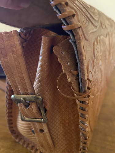 Vintage Mexican Hand Tooled Leather Purse Shoulder Bag Handbag Brown (READ) - Picture 8 of 13