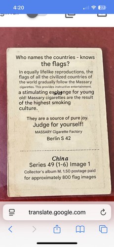 Massario anni '20 "Chi nomina paesi che conoscono bandiere" BANDIERA GUERRA CINA Tob. Card #1 - Foto 4 di 4