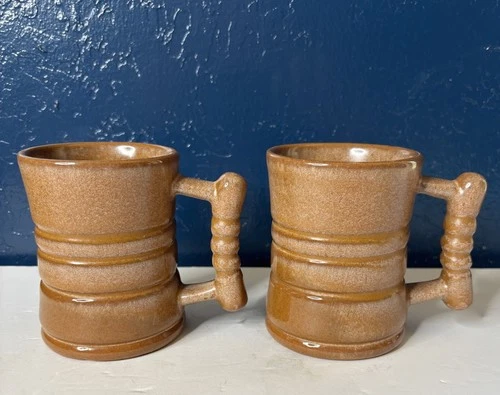 VINTAGE FRANKOMA POTTERY C3 PLAINSMAN Tan/Brown 4” COFFEE MUG Lot Of 2
