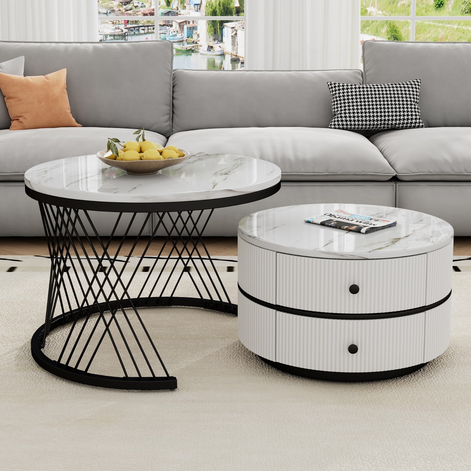 Couchtisch 2er Set Rund Beistelltisch mit Schublade Metallrahmen Wohnzimmertisch