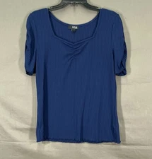 A.N.A A New Approach NAVY Ribbed Knit RUCHED DETAIL Lettuce Edge PULLOVER Top L