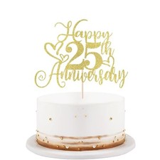 Gold Glitter Happy 25th Anniversary Cake Toppers-Wedding Anniversary Party