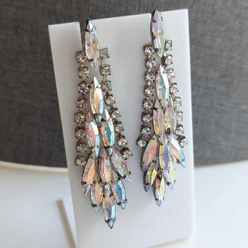 Vintage Stunning Silver Tone AB Crystal Glass Evening Dangle Chandelier Earrings - Picture 2 of 4