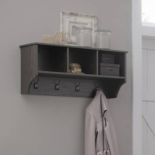 Woodbury Weathered Woodgrain Entryway Wall Coat Rack Storage Hooks Open Shelves - Picture 2 of 10