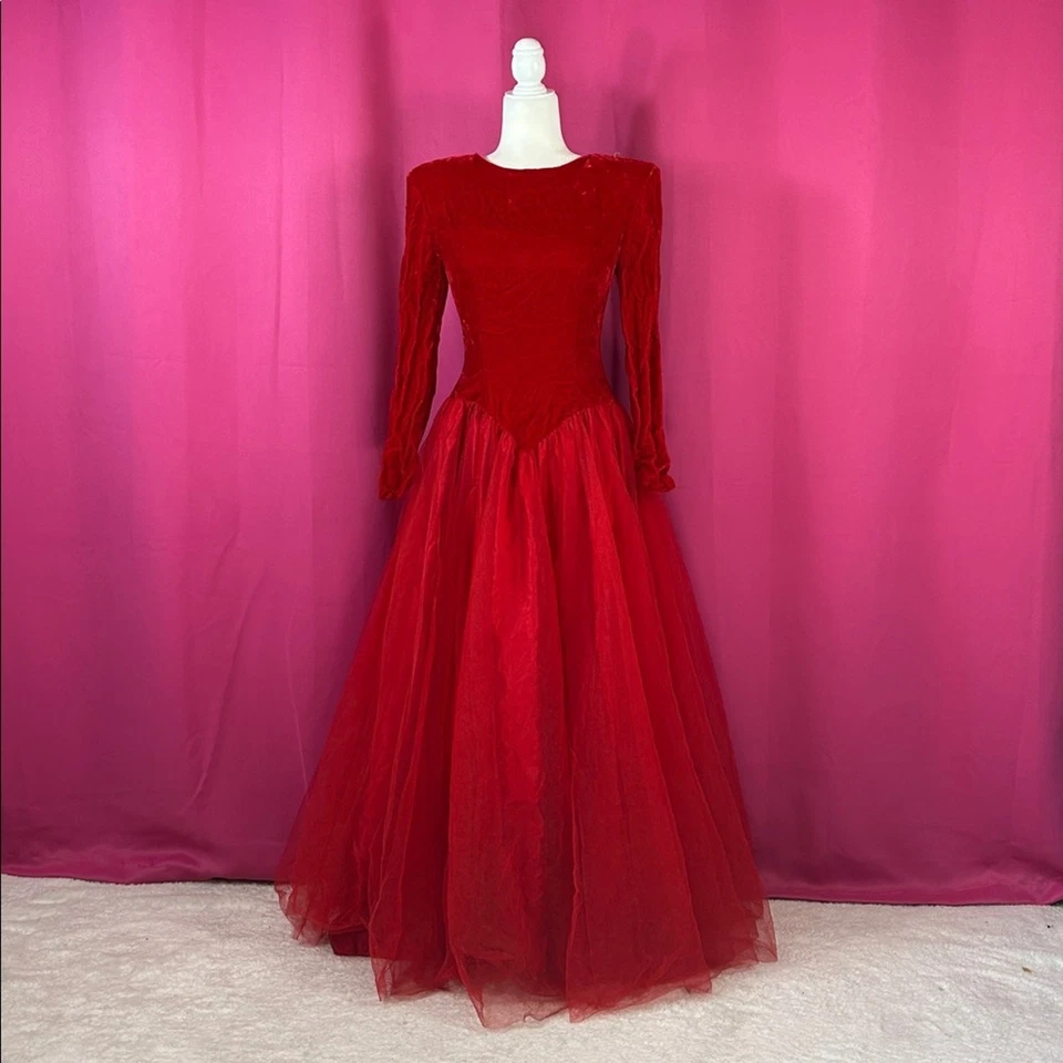 Maxi Vestido Vintage Años 80 Rojo Terciopelo y Tul Cóctel Fiesta Ajuste y Acampanado, 10 Foto 3 de 4