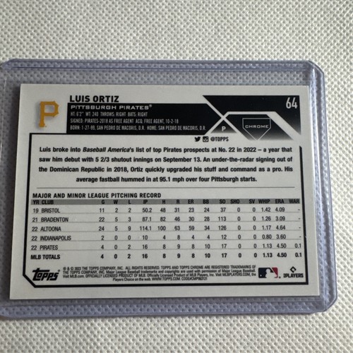 2023 Topps Chrome Luis Ortiz #64 Purple Sonar Refractor /275 RC Pirates - Picture 3 of 3