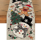 Wood Snowman Gingerbread Xmas Pine Merry Christmas Table Runner, Seasonal Winter
