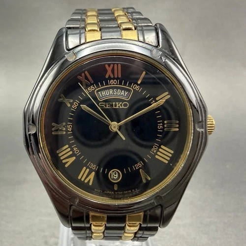 Seiko Watch Men 35mm Black Dial Black & Gold Tone Daydate V733-6C49 New Battery2