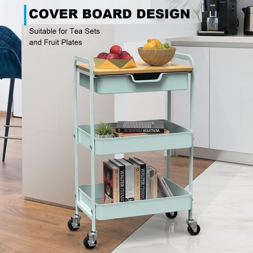 3 Tier Rolling Cart, Utility Cart with Drawer and Table Top, Metal Rolling - Picture 4 of 9