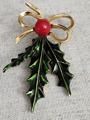 Vintage Stechpalme Weihnachten Emaille goldfarbene Brosche Anstecknadel