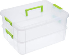 2-Tiers Stack Carry Storage Box with Handle, Transparent Stackable Storage Bin w