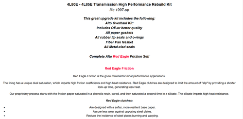 4L80E 1997-on Transmission High Performance Rebuild Kit Alto Red Eagle Clutches - Picture 3 of 3