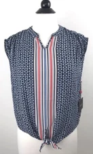 NWT Rafaella Mediterranean Moment Tie Front Blouse Petite XS PXS Navy White Top