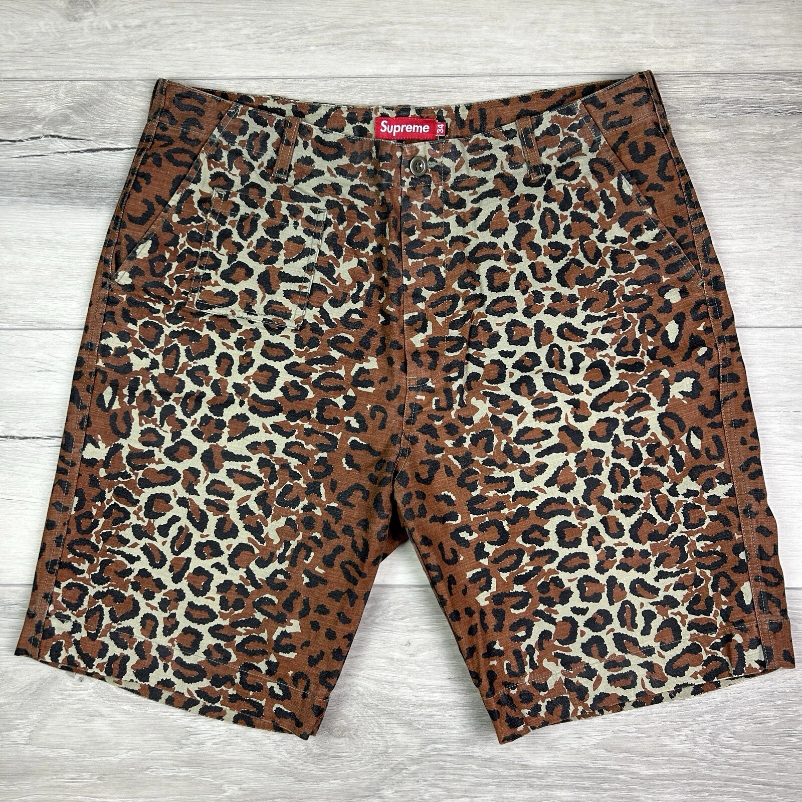 SUPREME S/S 2010 SHORT DE CAMPAGNE LÉOPARD 34 vert marron camouflage chino travail décontracté rare