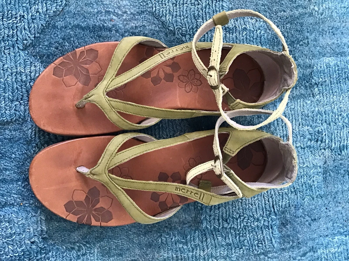 MERRELL Lotta Green Leather Sandals Strappy Floral Ankle Size 5
