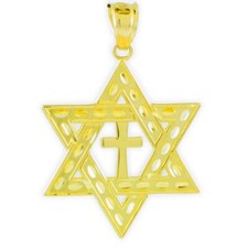 Solid 14k Yellow Gold Jewish Star of David Cross Pendant Necklace Medium 1.25
