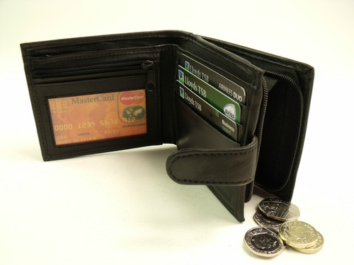 Mens Quality Soft Black RealLeather Wallet Credit Card Holder Zipped Coin Pouch - Picture 8 of 12