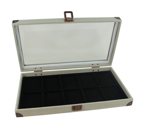Grey Linen Wooden Glass Lid Display Case With Choice Of Black Compartment Insert - Picture 14 of 43