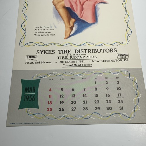 1956 Pin Up Kalender Girl Earl Moran Sykes Reifen neu Kensington PA Handtuch 1 Seite - Bild 6 von 6