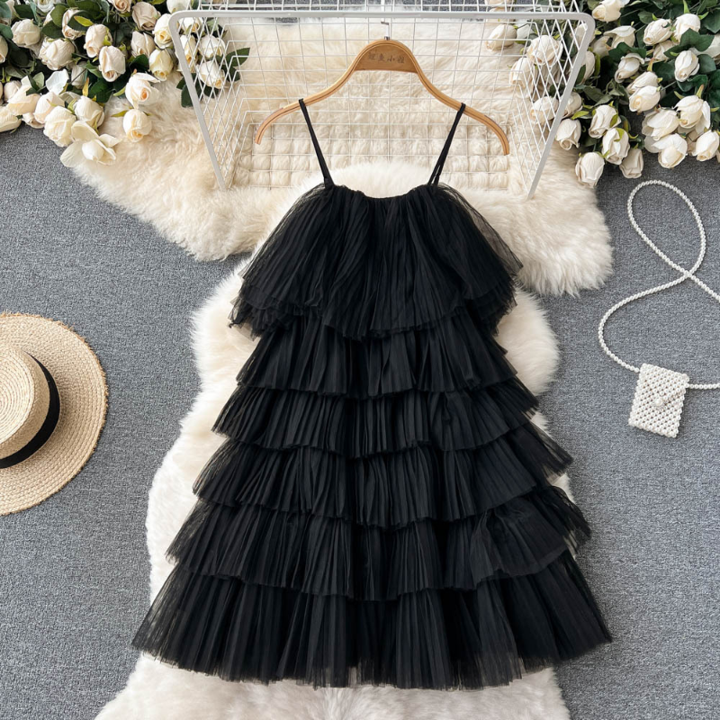 Pleated Mesh Panel Cami Dress