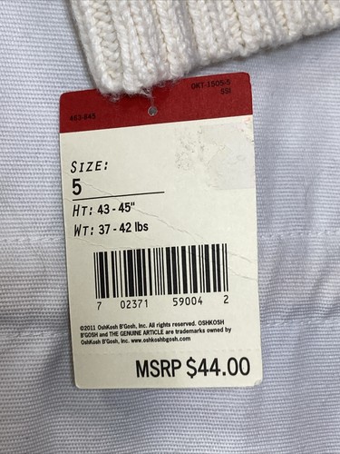 NWT OshKosh B’gosh Kids Girl's Tight Cable Knit Sweater Size 5 Beautiful Cream - Picture 3 of 15