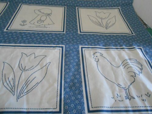 Blue Work Sue Bonnet & Overall Sam + More Panels Cotton 45W x 36L Ivory Backgrou - Picture 2 of 5