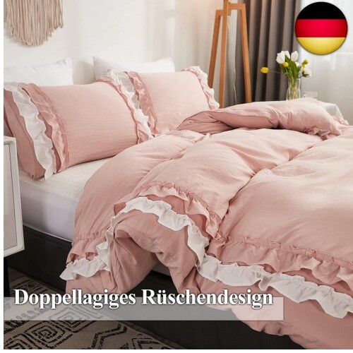 Rüschen Bettwäsche Set 135 x 200cm Rosa mit Weiß Romantische Bettwäsche Set 2 Te