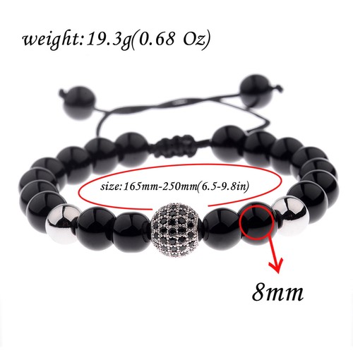 Fashion Men Natural Black Lava Zircon Micro Pave Round Beaded Macrame Bracelets - Picture 21 of 67