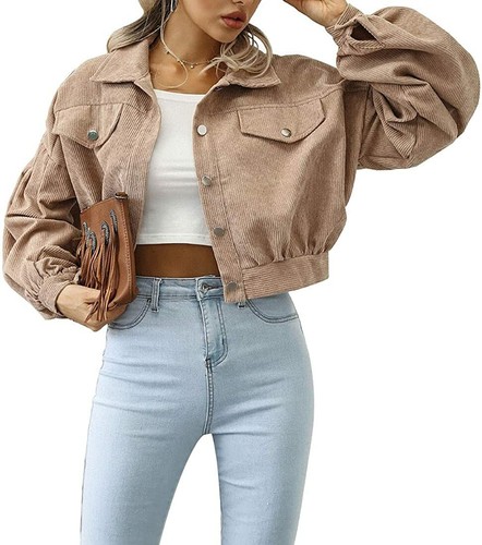 Women's Corduroy Lapel Collar Lantern Sleeve Button Down Crop Jacket Top Khaki M - Picture 2 of 8