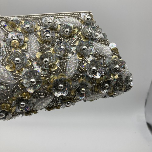 NEU Vintage SLG Perlen Pailletten Geldbörse Handtasche Clutch Kuss Verschluss Blumenmuster Silber Gold - Bild 6 von 12