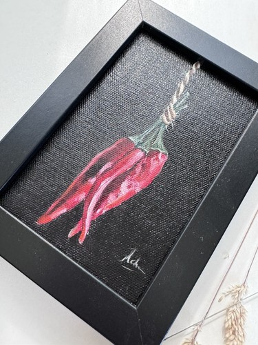 Red Chilli original oil painting-Still Life FRAMED Fine Art Signed Kitchen Art - Picture 3 of 4