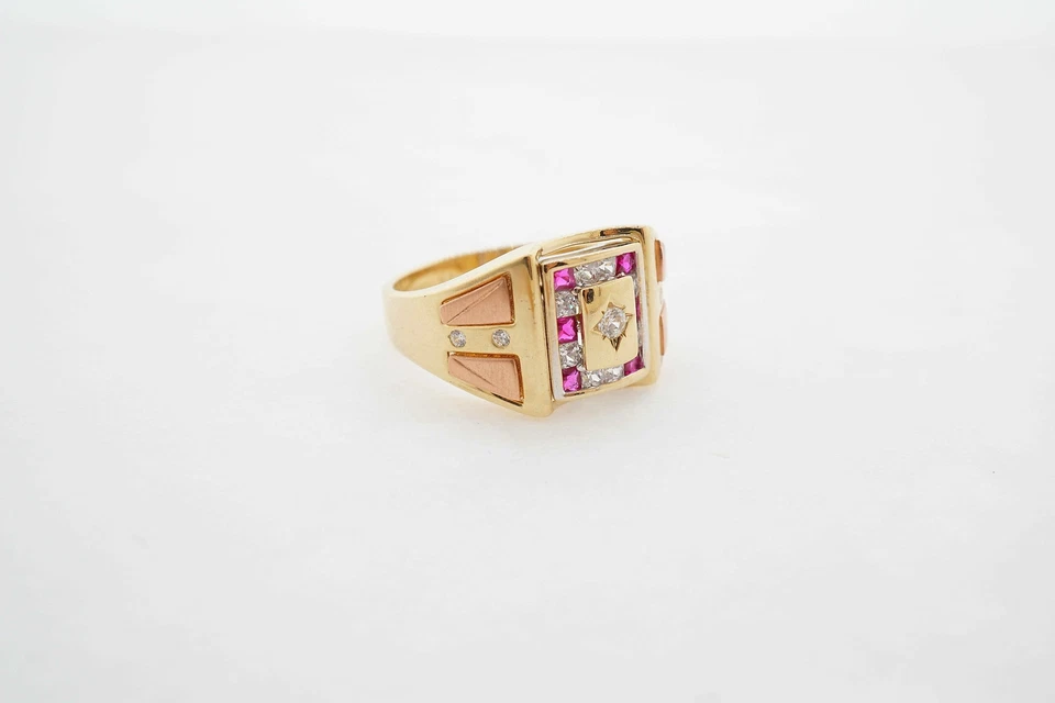 Anillo Pinky Estate Oro Multicolor 14k Para Hombre Rojo Blanco Piedras Preciosas Talla 11 Foto 2 de 4