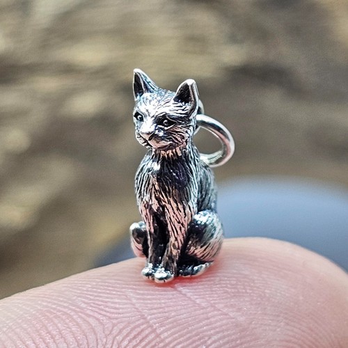 Cat Charm Detailed Feline 925 Sterling Silver Cute Bracelet Pendant Tiny Charm - Picture 16 of 16