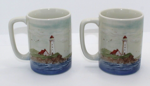 Dos tazas de café Otagiri Japón velero faro playa náutica - Imagen 3 de 8