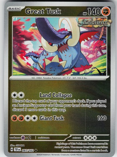Pokemon Great Tusk 097/162 SV05: Temporal Forces NM Reverse Holo card - Picture 1 of 2