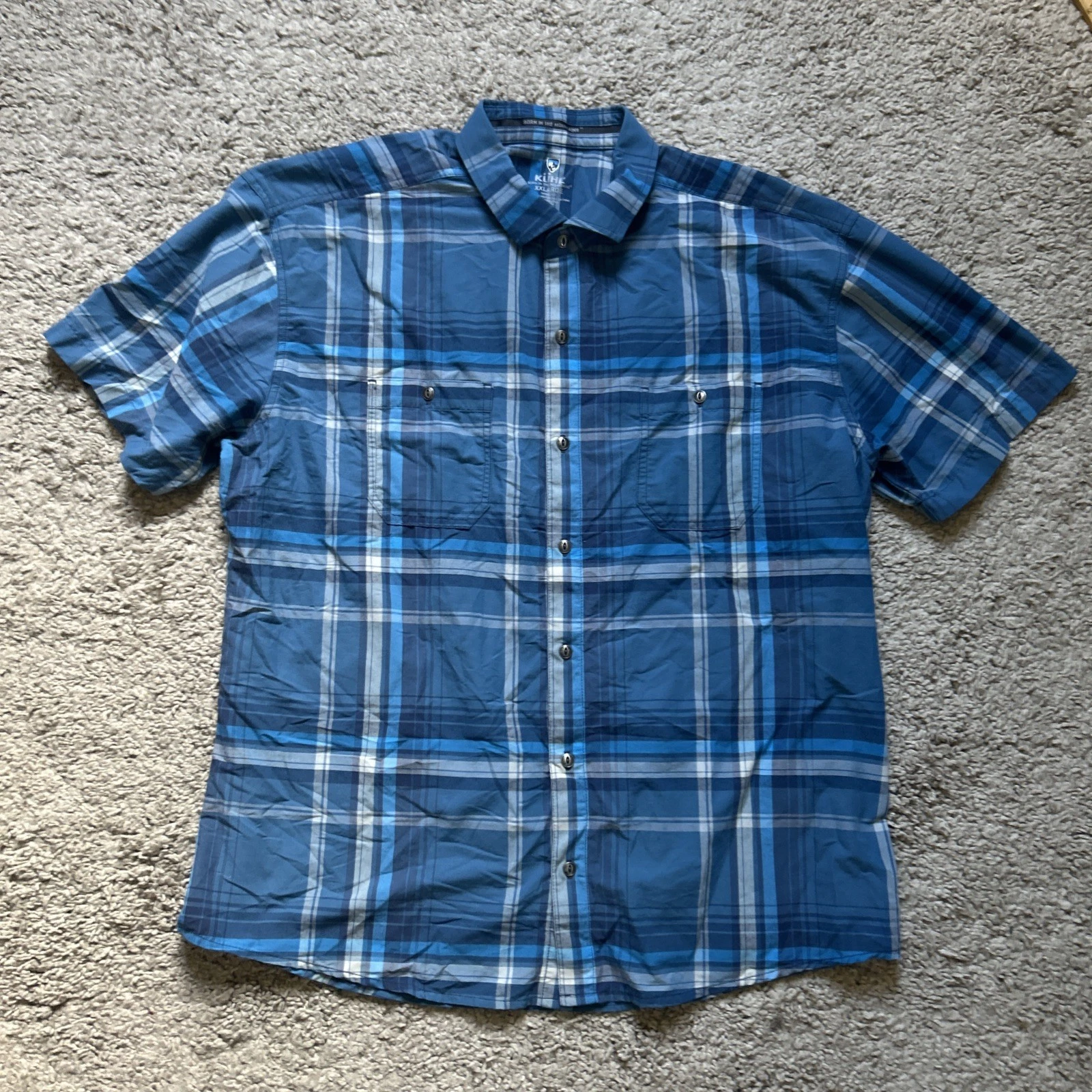 Kuhl Shirt Mens 2XL Blue Plaid Short Sleeve Button Up Outdoor Hiking Lightweight