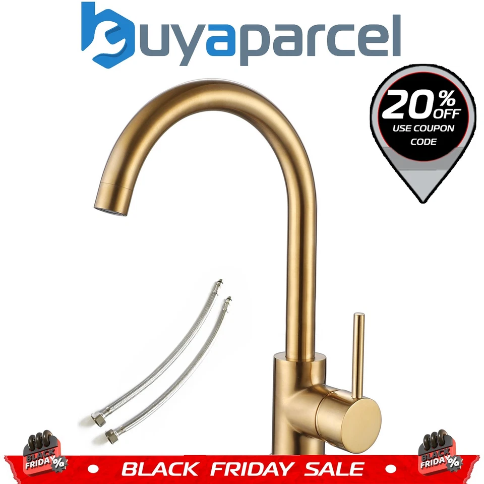 Brushed Brass Mixer Kitchen Tap Single Handle C High Spout Swivel Lever +Fixings