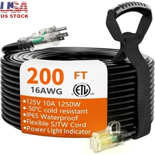 200FT Outdoor Extension Cord 16AWG 3 Prong Power Cable Safety Lighted End New