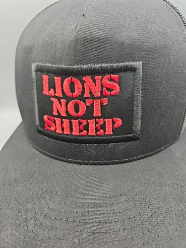 Lions Not Sheep Black Cap with Embroidered Patch Red Trucker Hat - Picture 6 of 8