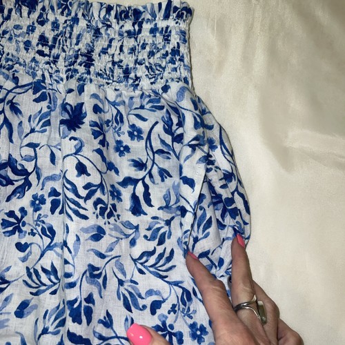 Joie Skirt White Blue Floral 100% Linen Midi Elastic Waist Pockets Large - Picture 7 of 8