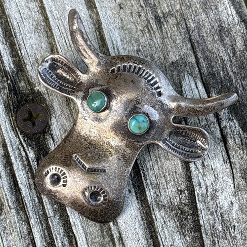 Navajo Bull Hand Stamped Brooch Sterling Silver Turquoise Vintage 6 - Picture 19 of 19