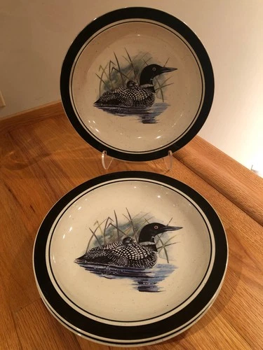 Folkcraft Stoneware Loon Lake 1 1" Dinner Plates by Scotty Z ~ Lot of 3 VINTAGE
