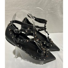 Valentino Garavani Noir Black Leather Studded Pointed T Strap Ballet Flats 35.5
