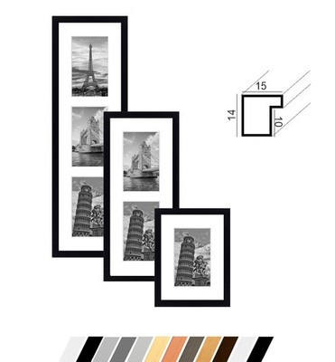 Collage Holz Bilderrahmen  ''PINO'' Galerie mit Passepartout für 1 - 3 Fotos