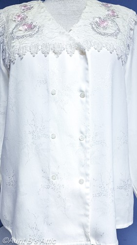 Vtg 80's Nicola Ivory Tone On Tone Polyester Crocheted Lace Collared Blouse 12 - Picture 2 of 8