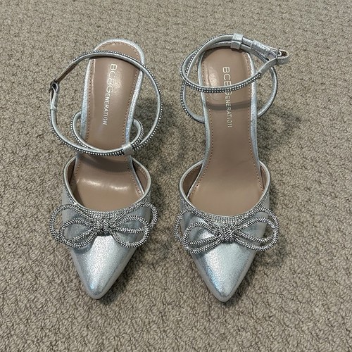 BCBGeneration Annese Silver And Rhinestone Heels Ankle Straps Size 6.5 - Picture 2 of 8