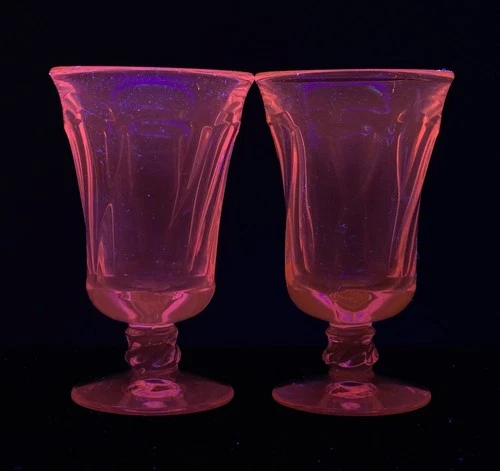 Fostoria Jamestown Pink Depression Glass Water Goblets Pair Selenium Glow